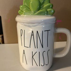 RAE DUNN "PLANT A KISS" Mug With Succulent Topper